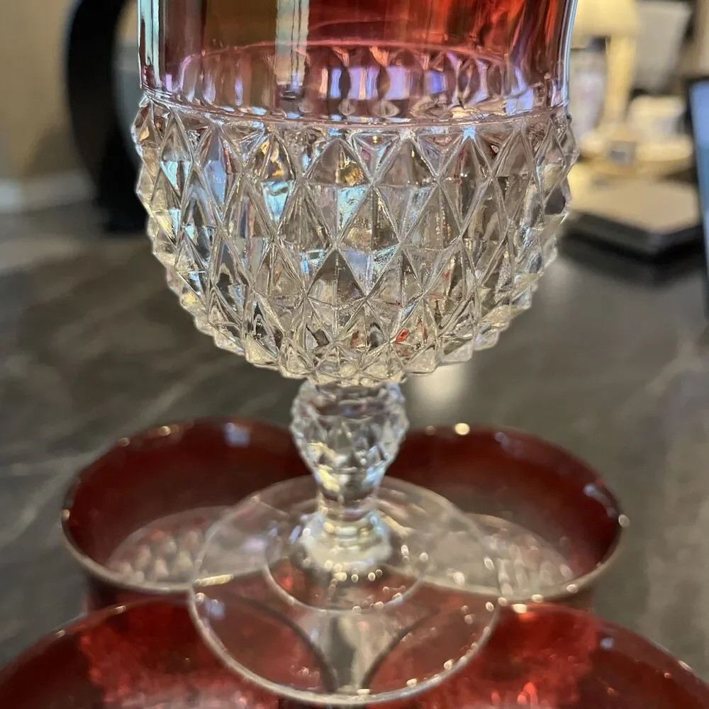 VNTG set of 5 Diamond Point & Ruby Red Flash Water Wine Goblets  Indiana Glass